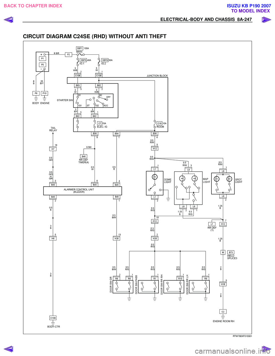 ISUZU KB P190 2007 Workshop Repair Manual ELECTRICAL-BODY AND CHASSIS 8A-247
CIRCUIT DIAGRAM C24SE (RHD) WITHOUT ANTI THEFT
RTW 780XF015501
BACK TO CHAPTER INDEXTO MODEL INDEXISUZU KB P190 2007 ISUZU KB P190 2007 Workshop Repair Manual ELECTRICAL-BODY AND CHASSIS 8A-247
CIRCUIT DIAGRAM C24SE (RHD) WITHOUT ANTI THEFT
RTW 780XF015501
BACK TO CHAPTER INDEXTO MODEL INDEXISUZU KB P190 2007