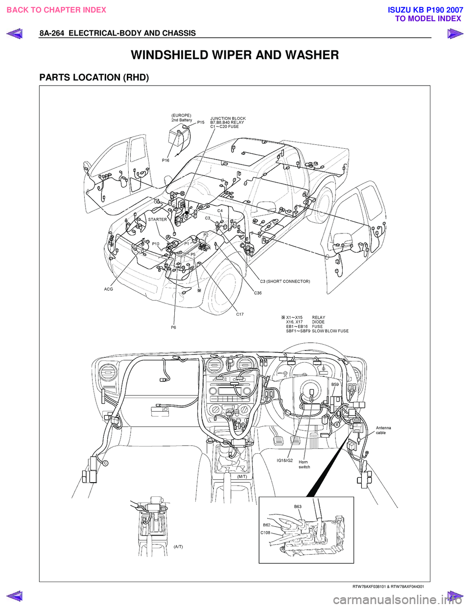 ISUZU KB P190 2007  Workshop Repair Manual 8A-264  ELECTRICAL-BODY AND CHASSIS 
WINDSHIELD WIPER AND WASHER 
PARTS LOCATION (RHD) 
   
 
 
 
 
 
 
   
RTW 78AXF038101 & RTW 78AXF044301 
 
BACK TO CHAPTER INDEX
TO MODEL INDEXISUZU KB P190 2007 