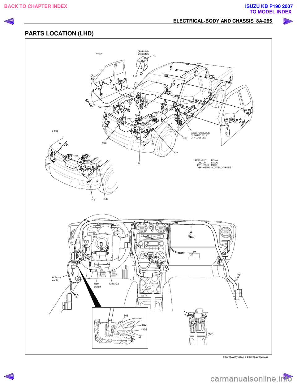 ISUZU KB P190 2007  Workshop Repair Manual ELECTRICAL-BODY AND CHASSIS  8A-265 
PARTS LOCATION (LHD) 
   
 
 
 
 
   
RTW 78AXF038201 & RTW 78AXF044401 
 
BACK TO CHAPTER INDEX TO MODEL INDEXISUZU KB P190 2007 
