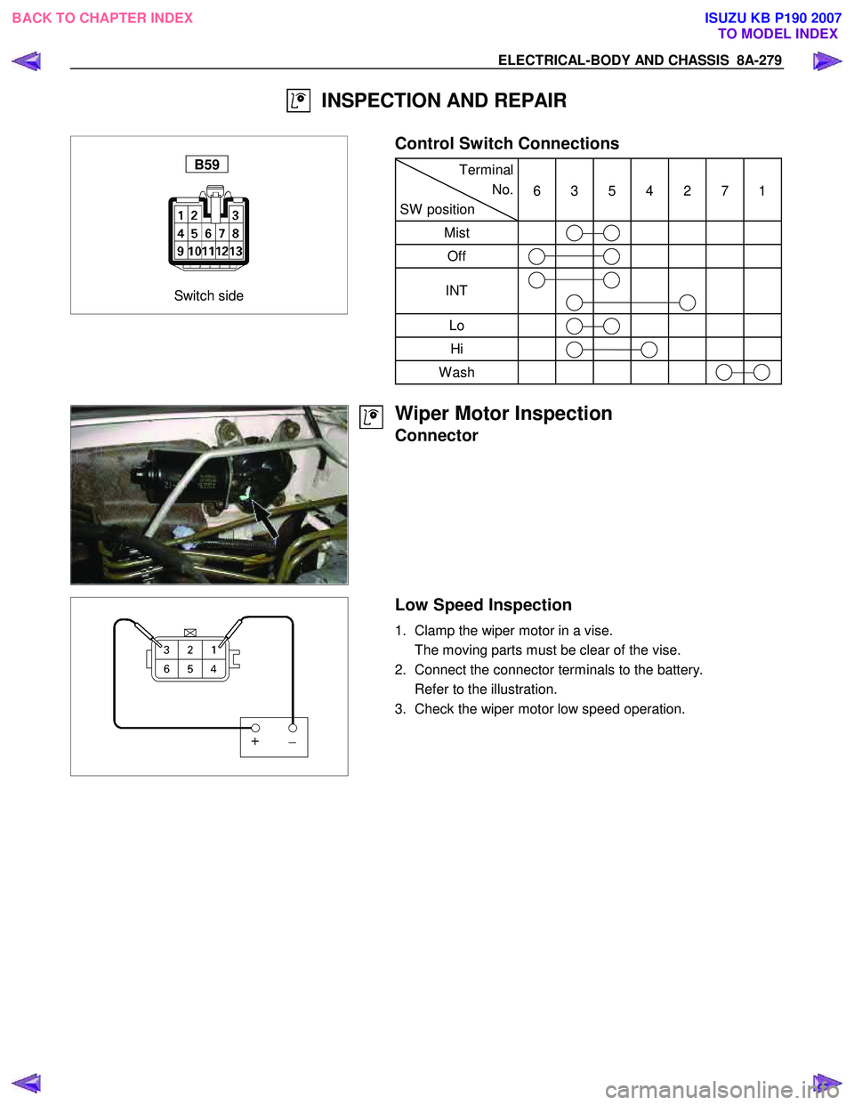 ISUZU KB P190 2007 Workshop Repair Manual ELECTRICAL-BODY AND CHASSIS 8A-279
INSPECTION AND REPAIR
Switch side
B59
Control Switch Connections
Terminal
No.
SW position 6 3 5 4 2 7 1
Mist
Off
INT
ISUZU KB P190 2007 Workshop Repair Manual ELECTRICAL-BODY AND CHASSIS 8A-279
INSPECTION AND REPAIR
Switch side
B59
Control Switch Connections
Terminal
No.
SW position 6 3 5 4 2 7 1
Mist
Off
INT