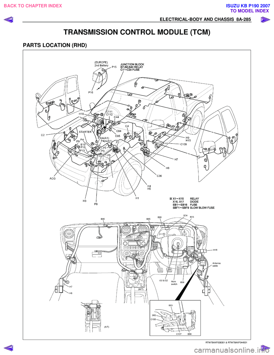 ISUZU KB P190 2007 Workshop Repair Manual ELECTRICAL-BODY AND CHASSIS 8A-285
TRANSMISSION CONTROL MODULE (TCM)
PARTS LOCATION (RHD)
RTW 78AXF038301 & RTW 78AXF044501
BACK TO CHAPTER INDEX
TO MODEL INDEXISUZU KB P190 2007 ISUZU KB P190 2007 Workshop Repair Manual ELECTRICAL-BODY AND CHASSIS 8A-285
TRANSMISSION CONTROL MODULE (TCM)
PARTS LOCATION (RHD)
RTW 78AXF038301 & RTW 78AXF044501
BACK TO CHAPTER INDEX
TO MODEL INDEXISUZU KB P190 2007