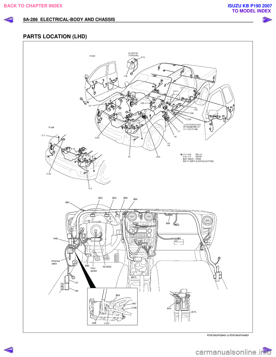 ISUZU KB P190 2007 Workshop Repair Manual 8A-286 ELECTRICAL-BODY AND CHASSIS
PARTS LOCATION (LHD)
RTW 78AXF038401 & RTW 78AXF044801
BACK TO CHAPTER INDEX
TO MODEL INDEXISUZU KB P190 2007 ISUZU KB P190 2007 Workshop Repair Manual 8A-286 ELECTRICAL-BODY AND CHASSIS
PARTS LOCATION (LHD)
RTW 78AXF038401 & RTW 78AXF044801
BACK TO CHAPTER INDEX
TO MODEL INDEXISUZU KB P190 2007
