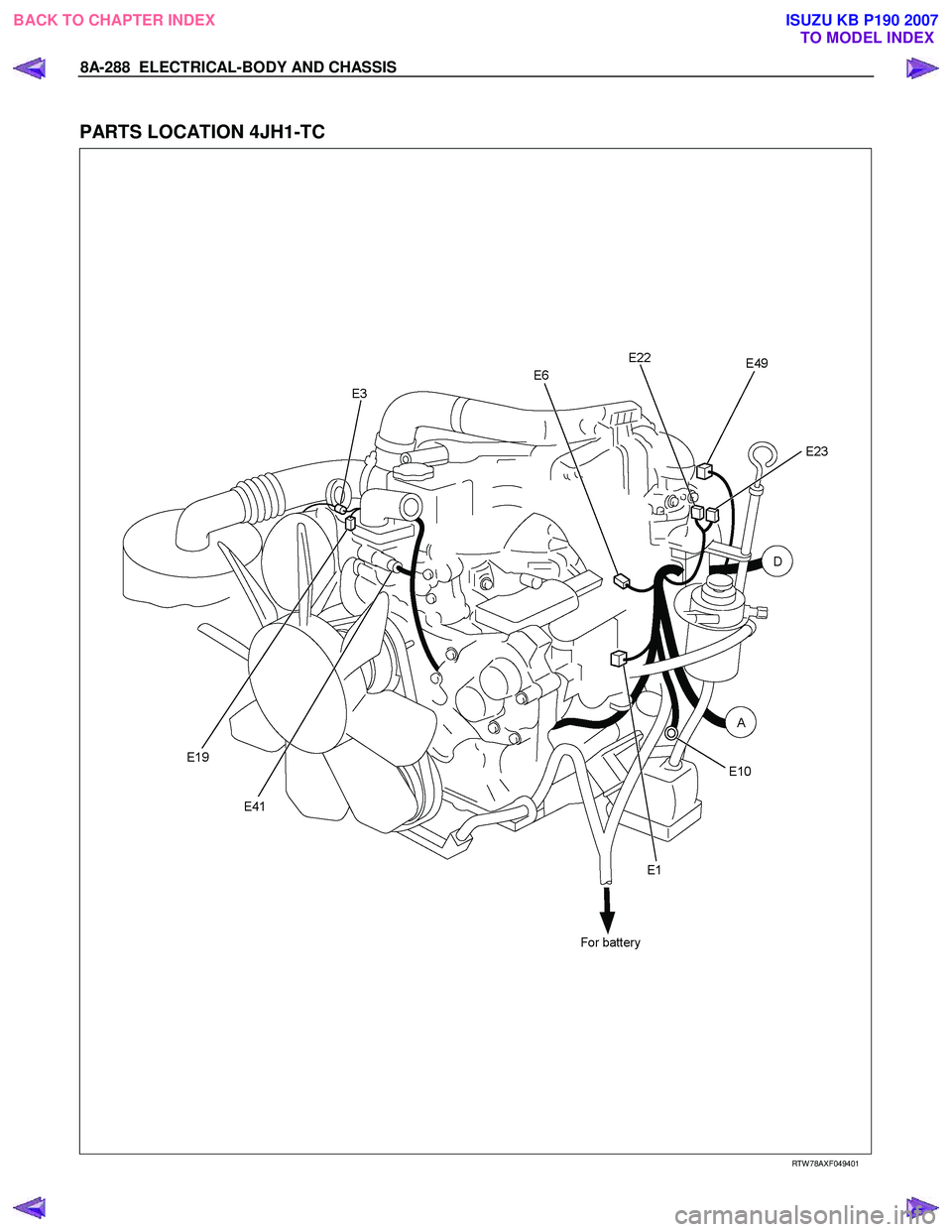 ISUZU KB P190 2007 Workshop Repair Manual 8A-288 ELECTRICAL-BODY AND CHASSIS
PARTS LOCATION 4JH1-TC
RTW 78AXF049401
BACK TO CHAPTER INDEX
TO MODEL INDEXISUZU KB P190 2007 ISUZU KB P190 2007 Workshop Repair Manual 8A-288 ELECTRICAL-BODY AND CHASSIS
PARTS LOCATION 4JH1-TC
RTW 78AXF049401
BACK TO CHAPTER INDEX
TO MODEL INDEXISUZU KB P190 2007
