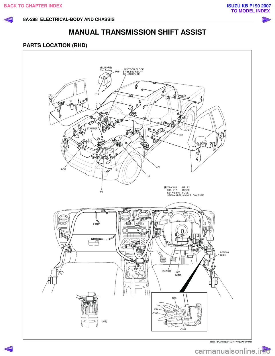 ISUZU KB P190 2007  Workshop Repair Manual 8A-298  ELECTRICAL-BODY AND CHASSIS 
MANUAL TRANSMISSION SHIFT ASSIST 
PARTS LOCATION (RHD) 
   
 
 
 
 
 
   
RTW 78AXF038701 & RTW 78AXF044901 
 
BACK TO CHAPTER INDEX
TO MODEL INDEXISUZU KB P190 20
