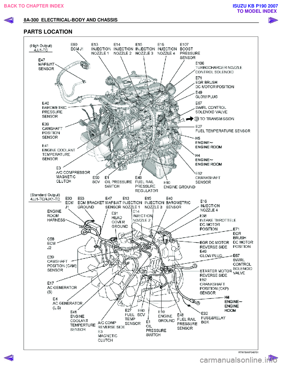 ISUZU KB P190 2007  Workshop Repair Manual 8A-300  ELECTRICAL-BODY AND CHASSIS 
PARTS LOCATION 
  
  
RTW 78AXF048701 
 
BACK TO CHAPTER INDEX TO MODEL INDEXISUZU KB P190 2007 