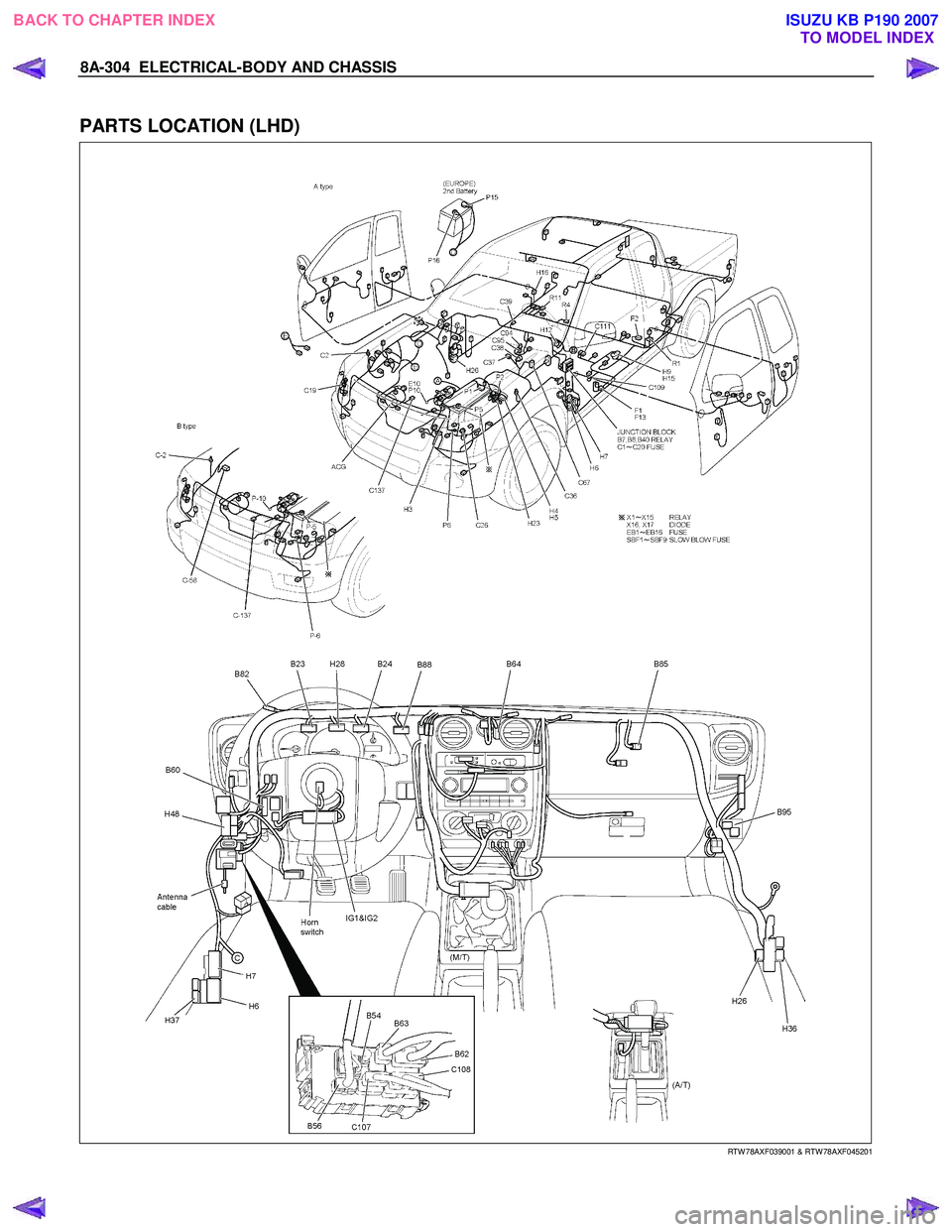 ISUZU KB P190 2007 Workshop Repair Manual 8A-304 ELECTRICAL-BODY AND CHASSIS
PARTS LOCATION (LHD)
RTW 78AXF039001 & RTW 78AXF045201
BACK TO CHAPTER INDEX
TO MODEL INDEXISUZU KB P190 2007 ISUZU KB P190 2007 Workshop Repair Manual 8A-304 ELECTRICAL-BODY AND CHASSIS
PARTS LOCATION (LHD)
RTW 78AXF039001 & RTW 78AXF045201
BACK TO CHAPTER INDEX
TO MODEL INDEXISUZU KB P190 2007