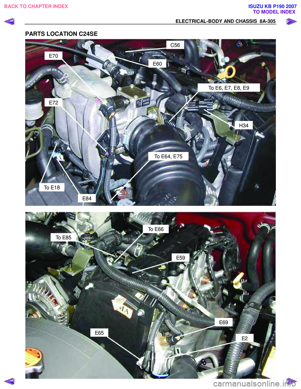 ISUZU KB P190 2007 Workshop Repair Manual ELECTRICAL-BODY AND CHASSIS 8A-305
PARTS LOCATION C24SE
C56
E60
E70
H34
E72
To E6, E7, E8, E9
To E64, E75
E84
To E18
To E66
E59
E69
E2
E65
To E85
BACK TO CHAPTER INDEX
TO MOD ISUZU KB P190 2007 Workshop Repair Manual ELECTRICAL-BODY AND CHASSIS 8A-305
PARTS LOCATION C24SE
C56
E60
E70
H34
E72
To E6, E7, E8, E9
To E64, E75
E84
To E18
To E66
E59
E69
E2
E65
To E85
BACK TO CHAPTER INDEX
TO MOD