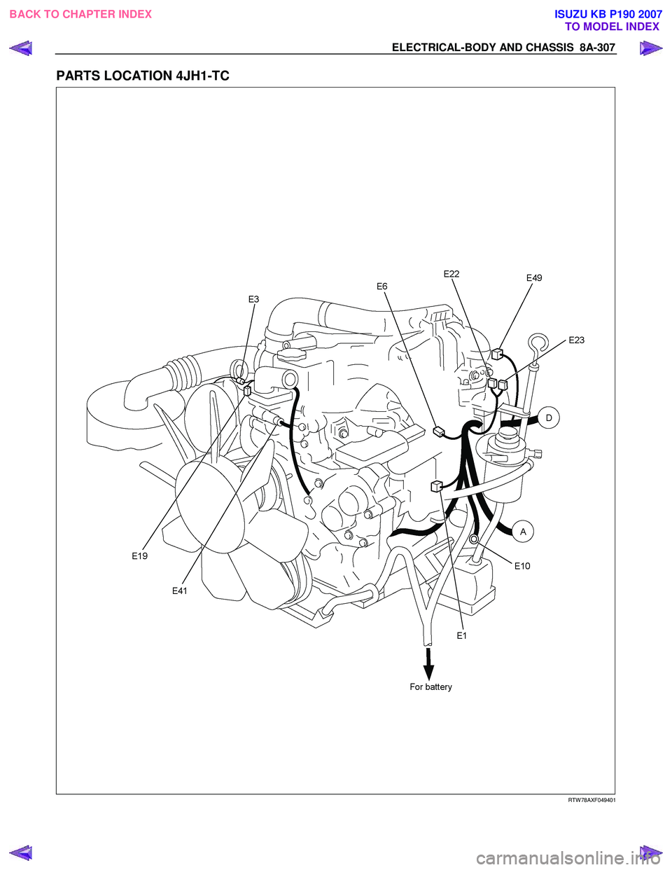 ISUZU KB P190 2007 Workshop Repair Manual ELECTRICAL-BODY AND CHASSIS 8A-307
PARTS LOCATION 4JH1-TC
RTW 78AXF049401
BACK TO CHAPTER INDEX
TO MODEL INDEXISUZU KB P190 2007 ISUZU KB P190 2007 Workshop Repair Manual ELECTRICAL-BODY AND CHASSIS 8A-307
PARTS LOCATION 4JH1-TC
RTW 78AXF049401
BACK TO CHAPTER INDEX
TO MODEL INDEXISUZU KB P190 2007