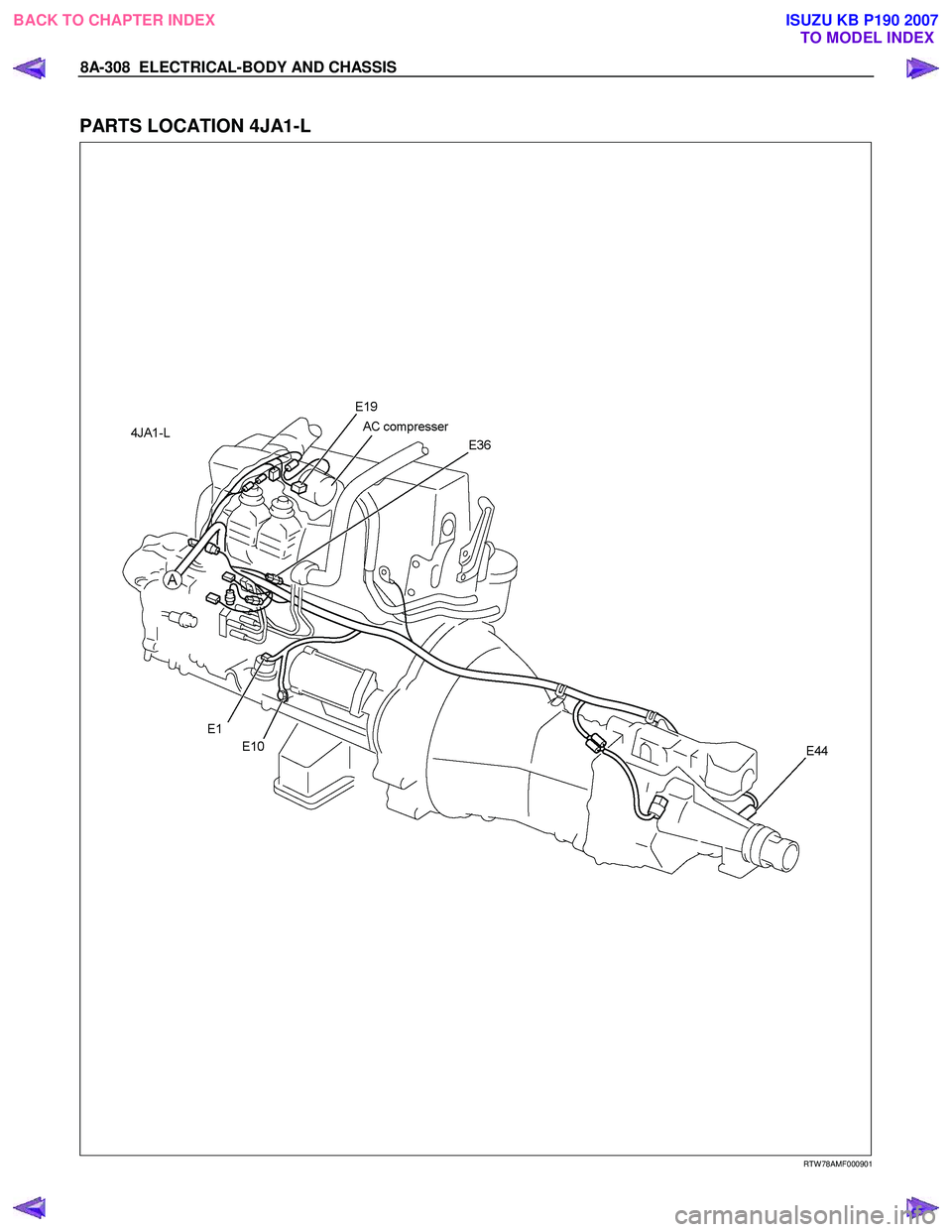 ISUZU KB P190 2007 Workshop Repair Manual 8A-308 ELECTRICAL-BODY AND CHASSIS
PARTS LOCATION 4JA1-L
RTW 78AMF000901
BACK TO CHAPTER INDEX TO MODEL INDEXISUZU KB P190 2007 ISUZU KB P190 2007 Workshop Repair Manual 8A-308 ELECTRICAL-BODY AND CHASSIS
PARTS LOCATION 4JA1-L
RTW 78AMF000901
BACK TO CHAPTER INDEX TO MODEL INDEXISUZU KB P190 2007