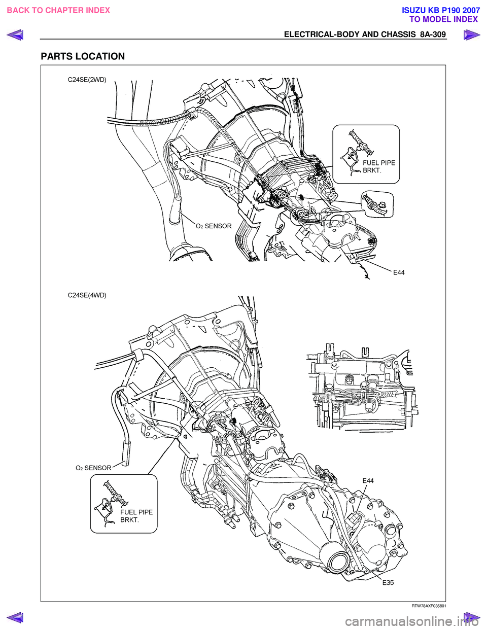ISUZU KB P190 2007 Workshop Repair Manual ELECTRICAL-BODY AND CHASSIS 8A-309
PARTS LOCATION
RTW 78AXF035801
BACK TO CHAPTER INDEX
TO MODEL INDEXISUZU KB P190 2007 ISUZU KB P190 2007 Workshop Repair Manual ELECTRICAL-BODY AND CHASSIS 8A-309
PARTS LOCATION
RTW 78AXF035801
BACK TO CHAPTER INDEX
TO MODEL INDEXISUZU KB P190 2007