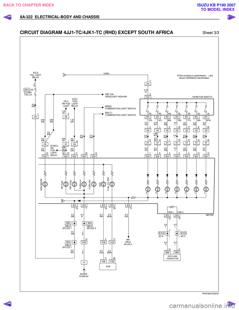 ISUZU KB P190 2007 Workshop Repair Manual 8A-322 ELECTRICAL-BODY AND CHASSIS
CIRCUIT DIAGRAM 4JJ1-TC/4JK1-TC (RHD) EXCEPT SOUTH AFRICA Sheet 3/3
RTW 78AXF032701
BACK TO CHAPTER INDEX TO MODEL INDEXISUZU KB P ISUZU KB P190 2007 Workshop Repair Manual 8A-322 ELECTRICAL-BODY AND CHASSIS
CIRCUIT DIAGRAM 4JJ1-TC/4JK1-TC (RHD) EXCEPT SOUTH AFRICA Sheet 3/3
RTW 78AXF032701
BACK TO CHAPTER INDEX TO MODEL INDEXISUZU KB P