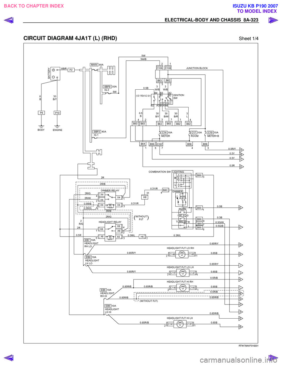 ISUZU KB P190 2007 Workshop Repair Manual ELECTRICAL-BODY AND CHASSIS 8A-323
CIRCUIT DIAGRAM 4JA1T (L) (RHD) Sheet 1/4
RTW 78AXF016301
BACK TO CHAPTER INDEX TO MODEL INDEXISUZU KB P190 2007 ISUZU KB P190 2007 Workshop Repair Manual ELECTRICAL-BODY AND CHASSIS 8A-323
CIRCUIT DIAGRAM 4JA1T (L) (RHD) Sheet 1/4
RTW 78AXF016301
BACK TO CHAPTER INDEX TO MODEL INDEXISUZU KB P190 2007