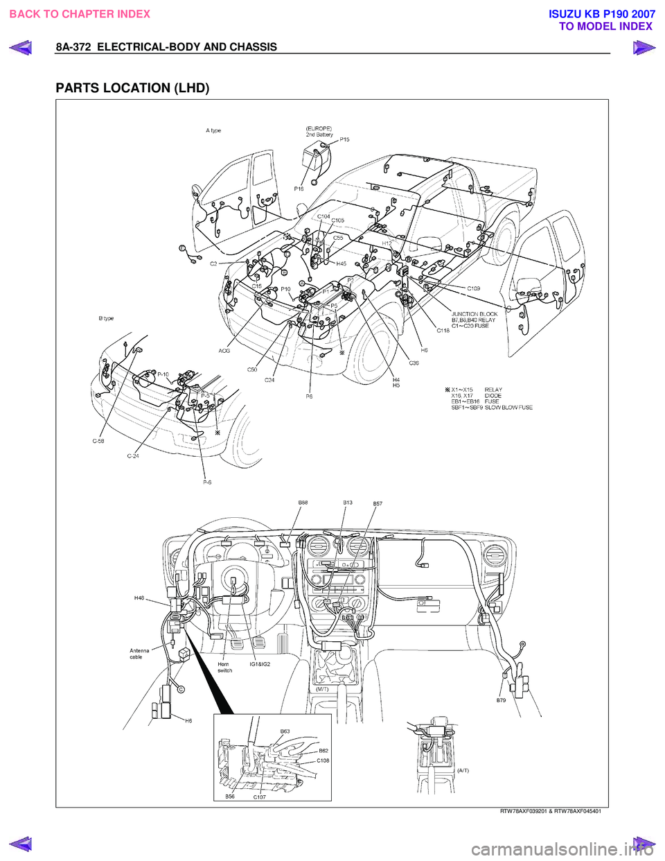 ISUZU KB P190 2007 Workshop Repair Manual 8A-372 ELECTRICAL-BODY AND CHASSIS
PARTS LOCATION (LHD)
RTW 78AXF039201 & RTW 78AXF045401
BACK TO CHAPTER INDEX
TO MODEL INDEXISUZU KB P190 2007 ISUZU KB P190 2007 Workshop Repair Manual 8A-372 ELECTRICAL-BODY AND CHASSIS
PARTS LOCATION (LHD)
RTW 78AXF039201 & RTW 78AXF045401
BACK TO CHAPTER INDEX
TO MODEL INDEXISUZU KB P190 2007