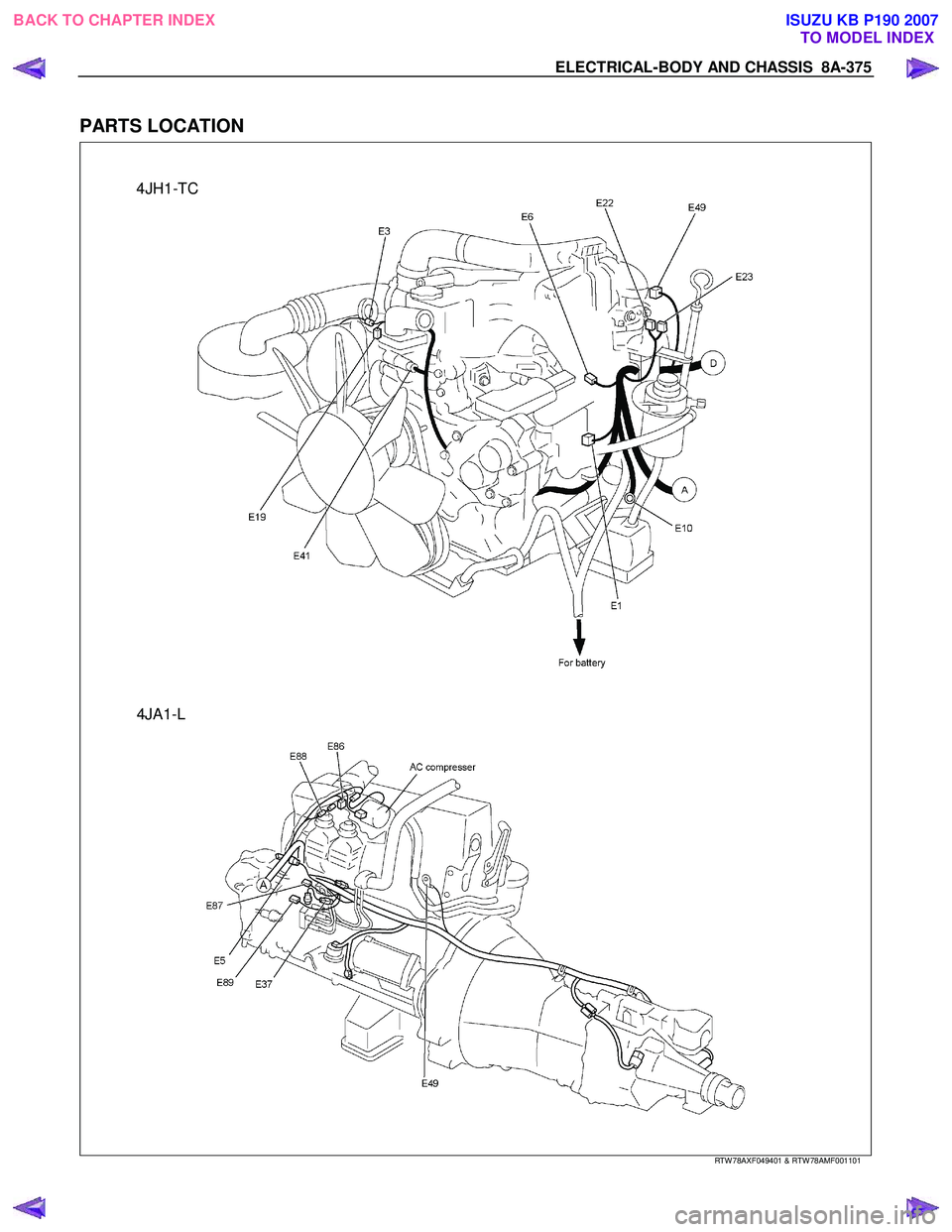 ISUZU KB P190 2007 Workshop Repair Manual ELECTRICAL-BODY AND CHASSIS 8A-375
PARTS LOCATION
4JH1-TC
4JA1-L
RTW 78AXF049401 & RTW 78AMF001101
BACK TO CHAPTER INDEX TO MODEL INDEXISUZU KB P190 2007 ISUZU KB P190 2007 Workshop Repair Manual ELECTRICAL-BODY AND CHASSIS 8A-375
PARTS LOCATION
4JH1-TC
4JA1-L
RTW 78AXF049401 & RTW 78AMF001101
BACK TO CHAPTER INDEX TO MODEL INDEXISUZU KB P190 2007