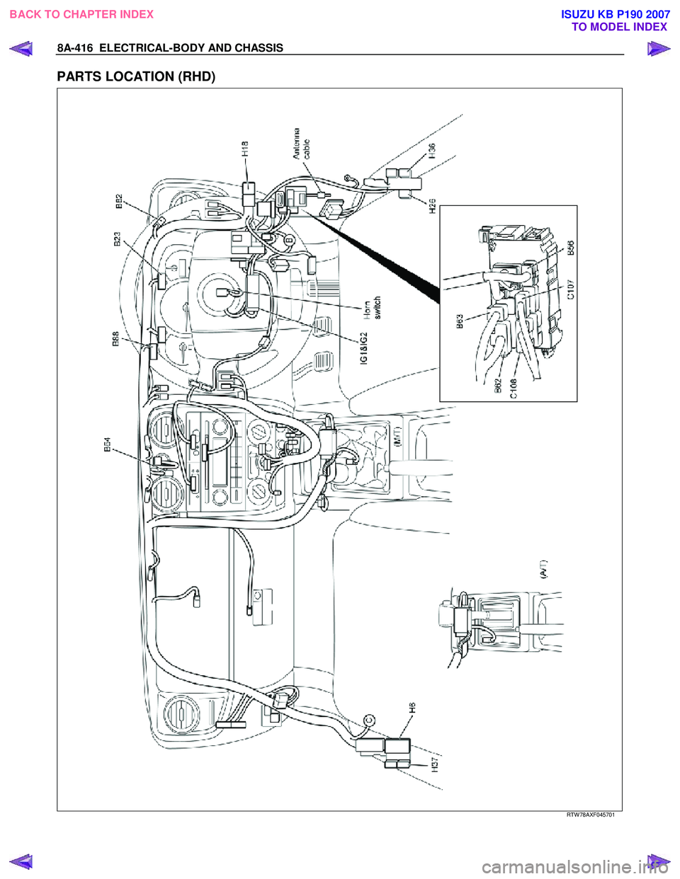 ISUZU KB P190 2007  Workshop Repair Manual 8A-416  ELECTRICAL-BODY AND CHASSIS 
PARTS LOCATION (RHD) 
   
 
 
 
RTW 78AXF045701 
 
BACK TO CHAPTER INDEX TO MODEL INDEXISUZU KB P190 2007 