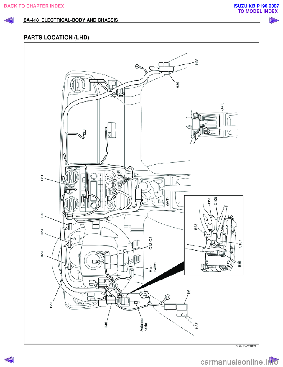 ISUZU KB P190 2007  Workshop Repair Manual 8A-418  ELECTRICAL-BODY AND CHASSIS 
 
PARTS LOCATION (LHD) 
   
 
 
 
RTW 78AXF045801 
 
 
BACK TO CHAPTER INDEX TO MODEL INDEXISUZU KB P190 2007 