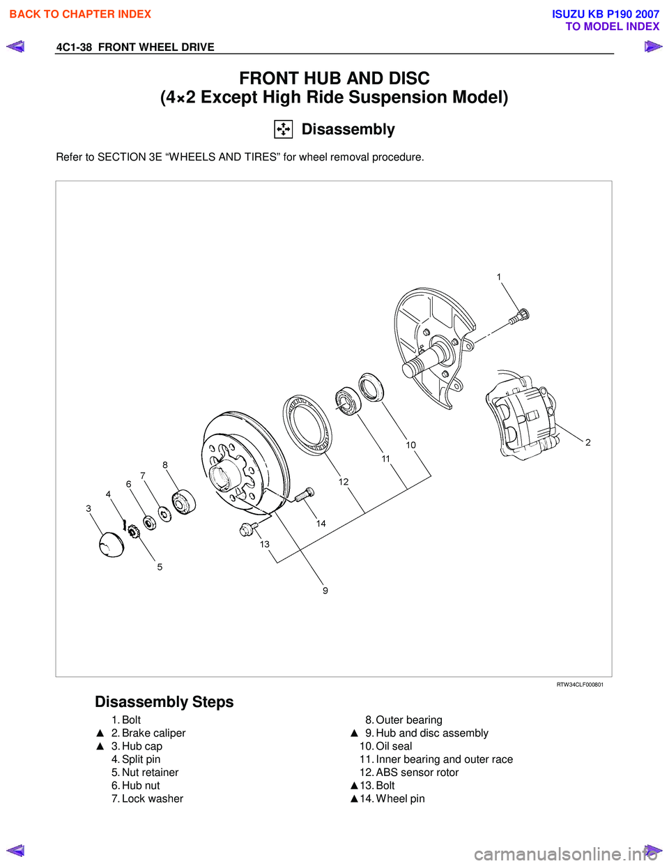 ISUZU KB P190 2007  Workshop Repair Manual 4C1-38  FRONT WHEEL DRIVE 
FRONT HUB AND DISC  
(4×2 Except High Ride Suspension Model) 
  Disassembly 
Refer to SECTION 3E “W HEELS AND TIRES” for wheel removal procedure.  
 
 RTW 34CLF000801 
