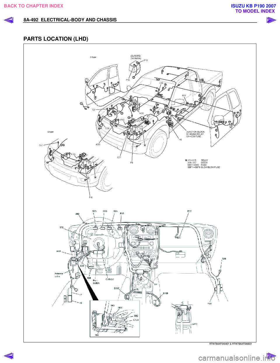 ISUZU KB P190 2007  Workshop Repair Manual 8A-492  ELECTRICAL-BODY AND CHASSIS 
  
PARTS LOCATION (LHD) 
   
 
 
 
 
   
RTW 78AXF040401 & RTW 78AXF046601 
 
BACK TO CHAPTER INDEX TO MODEL INDEXISUZU KB P190 2007 