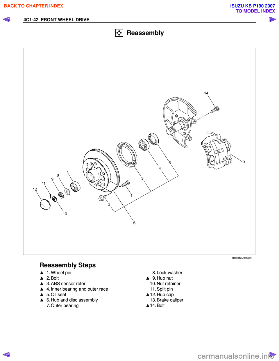 ISUZU KB P190 2007  Workshop Repair Manual 4C1-42  FRONT WHEEL DRIVE 
  Reassembly 
 
 RTW 34CLF000901 
Reassembly Steps 
▲ 1. W heel pin 
▲  2. Bolt 
▲   3. ABS sensor rotor 
▲   4. Inner bearing and outer race 
▲  5. Oil seal 
▲ 