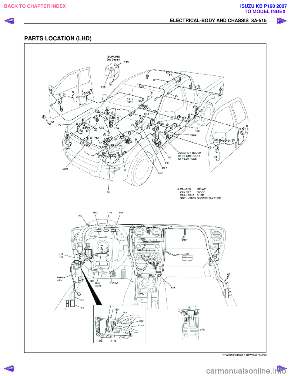 ISUZU KB P190 2007 Workshop Repair Manual ELECTRICAL-BODY AND CHASSIS 8A-515
PARTS LOCATION (LHD)
RTW 78AXF040801 & RTW 78AXF047001
BACK TO CHAPTER INDEX TO MODEL INDEXISUZU KB P190 2007 ISUZU KB P190 2007 Workshop Repair Manual ELECTRICAL-BODY AND CHASSIS 8A-515
PARTS LOCATION (LHD)
RTW 78AXF040801 & RTW 78AXF047001
BACK TO CHAPTER INDEX TO MODEL INDEXISUZU KB P190 2007