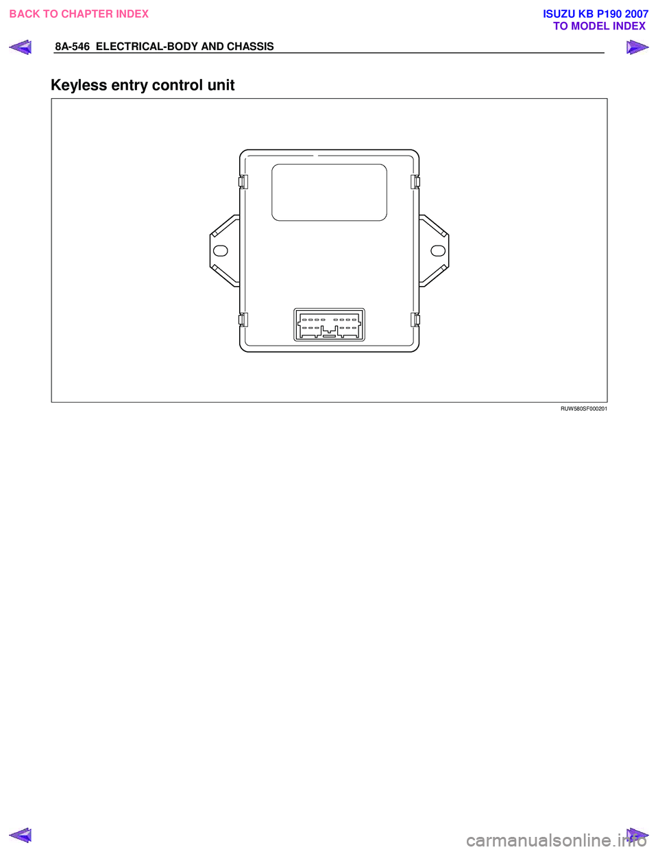 ISUZU KB P190 2007 Workshop User Guide 8A-546 ELECTRICAL-BODY AND CHASSIS
Keyless entry control unit
RUW 580SF000201
BACK TO CHAPTER INDEX TO MODEL INDEXISUZU KB P190 2007 ISUZU KB P190 2007 Workshop User Guide 8A-546 ELECTRICAL-BODY AND CHASSIS
Keyless entry control unit
RUW 580SF000201
BACK TO CHAPTER INDEX TO MODEL INDEXISUZU KB P190 2007