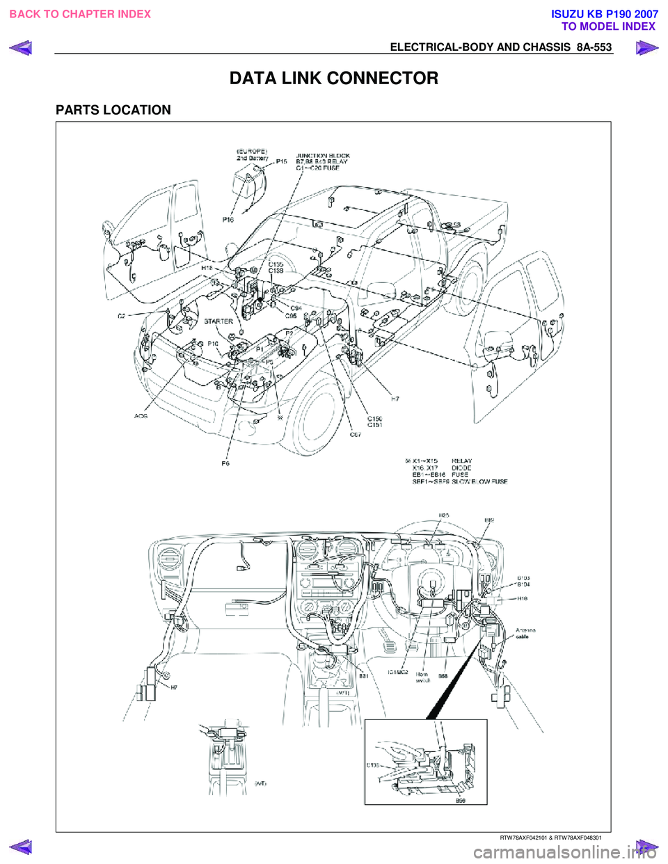 ISUZU KB P190 2007 Workshop Repair Manual ELECTRICAL-BODY AND CHASSIS 8A-553
DATA LINK CONNECTOR
PARTS LOCATION
RTW 78AXF042101 & RTW 78AXF048301
BACK TO CHAPTER INDEX TO MODEL INDEXISUZU KB P190 2007 ISUZU KB P190 2007 Workshop Repair Manual ELECTRICAL-BODY AND CHASSIS 8A-553
DATA LINK CONNECTOR
PARTS LOCATION
RTW 78AXF042101 & RTW 78AXF048301
BACK TO CHAPTER INDEX TO MODEL INDEXISUZU KB P190 2007