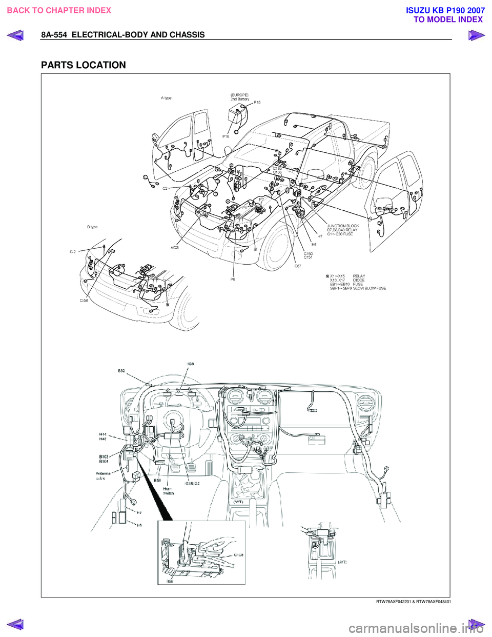 ISUZU KB P190 2007 Workshop Repair Manual 8A-554 ELECTRICAL-BODY AND CHASSIS
PARTS LOCATION
RTW 78AXF042201 & RTW 78AXF048401
BACK TO CHAPTER INDEX TO MODEL INDEXISUZU KB P190 2007 ISUZU KB P190 2007 Workshop Repair Manual 8A-554 ELECTRICAL-BODY AND CHASSIS
PARTS LOCATION
RTW 78AXF042201 & RTW 78AXF048401
BACK TO CHAPTER INDEX TO MODEL INDEXISUZU KB P190 2007