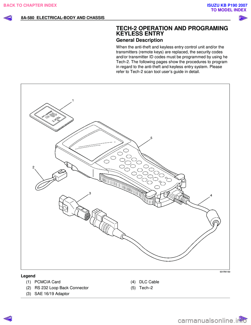 ISUZU KB P190 2007 Workshop User Guide 8A-580 ELECTRICAL-BODY AND CHASSIS
TECH-2 OPERATION AND PROGRAMING
KEYLESS ENTRY
General Description
W hen the anti-theft and keyless entry control unit and/or the
transmitters (remote keys) ISUZU KB P190 2007 Workshop User Guide 8A-580 ELECTRICAL-BODY AND CHASSIS
TECH-2 OPERATION AND PROGRAMING
KEYLESS ENTRY
General Description
W hen the anti-theft and keyless entry control unit and/or the
transmitters (remote keys)