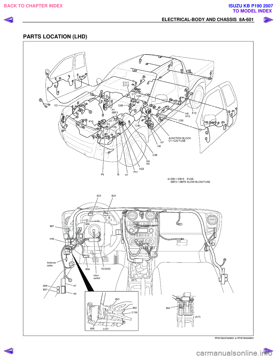 ISUZU KB P190 2007  Workshop Repair Manual ELECTRICAL-BODY AND CHASSIS  8A-601 
 
PARTS LOCATION (LHD) 
   
 
 
 
 
   
RTW 78AXF049001 & RTW 78A049201 
 
 
BACK TO CHAPTER INDEX
TO MODEL INDEXISUZU KB P190 2007 