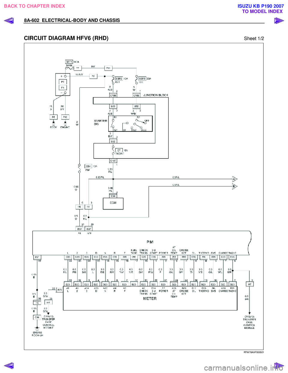 ISUZU KB P190 2007 Workshop Repair Manual 8A-602 ELECTRICAL-BODY AND CHASSIS
CIRCUIT DIAGRAM HFV6 (RHD) Sheet 1/2
RTW 78AXF000501
BACK TO CHAPTER INDEX TO MODEL INDEXISUZU KB P190 2007 ISUZU KB P190 2007 Workshop Repair Manual 8A-602 ELECTRICAL-BODY AND CHASSIS
CIRCUIT DIAGRAM HFV6 (RHD) Sheet 1/2
RTW 78AXF000501
BACK TO CHAPTER INDEX TO MODEL INDEXISUZU KB P190 2007