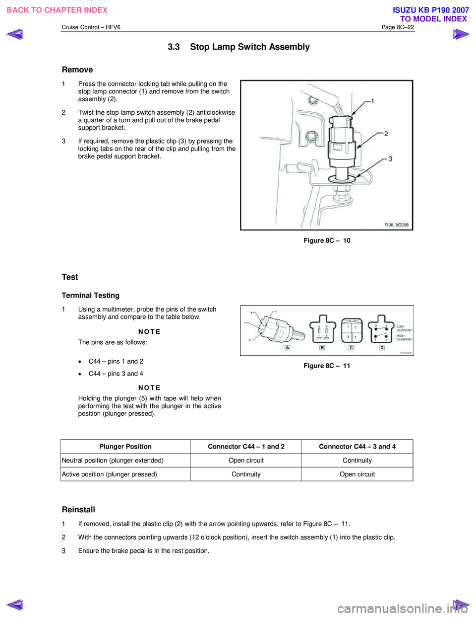 ISUZU KB P190 2007 Workshop Repair Manual Cruise Control – HFV6 Page 8C–22
3.3 Stop Lamp Switch Assembly
Remove
1 Press the connector locking tab while pulling on the
stop lamp connector (1) and remove from the switch
assembly (2 ISUZU KB P190 2007 Workshop Repair Manual Cruise Control – HFV6 Page 8C–22
3.3 Stop Lamp Switch Assembly
Remove
1 Press the connector locking tab while pulling on the
stop lamp connector (1) and remove from the switch
assembly (2
