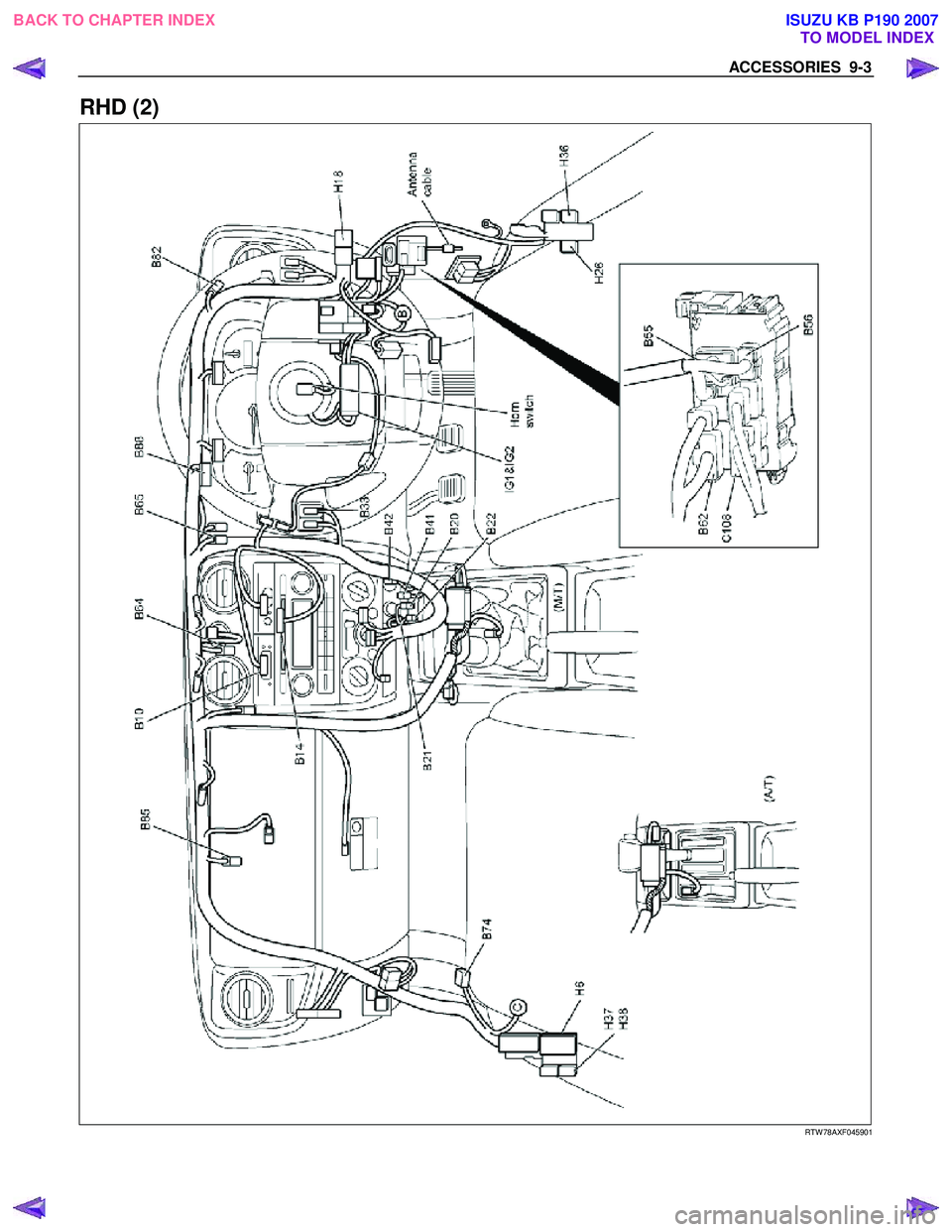 ISUZU KB P190 2007  Workshop Repair Manual ACCESSORIES  9-3 
 
RHD (2) 
   
 
 
 
 
 
   
RTW 78AXF045901 
  
 
 
BACK TO CHAPTER INDEX TO MODEL INDEXISUZU KB P190 2007 