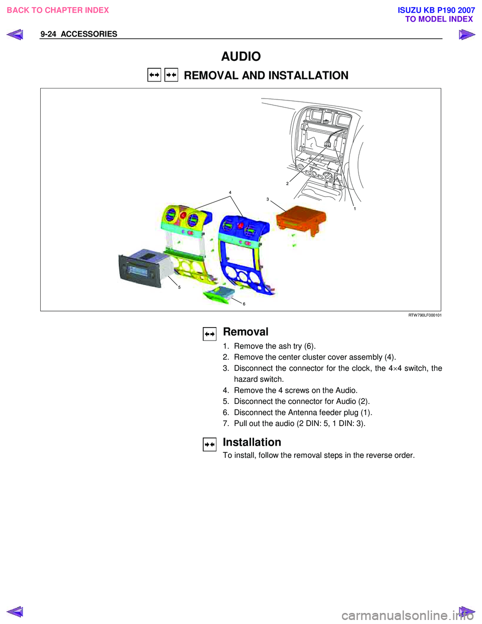 ISUZU KB P190 2007  Workshop User Guide 9-24  ACCESSORIES 
 
AUDIO 
    REMOVAL AND INSTALLATION   
 
1
2
4
3
5
6
  
RTW 790LF000101 
 
 
 
Removal 
1.  Remove the ash try (6).  
2.  Remove the center cluster cover assembly (4). 
3.  Discon