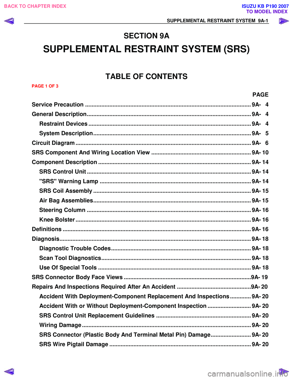 ISUZU KB P190 2007 Workshop Repair Manual SUPPLEMENTAL RESTRAINT SYSTEM 9A-1
SECTION 9A
SUPPLEMENTAL RESTRAINT SYSTEM (SRS)
TABLE OF CONTENTS
PAGE
Service Precaution ..................................................................... ISUZU KB P190 2007 Workshop Repair Manual SUPPLEMENTAL RESTRAINT SYSTEM 9A-1
SECTION 9A
SUPPLEMENTAL RESTRAINT SYSTEM (SRS)
TABLE OF CONTENTS
PAGE
Service Precaution .....................................................................