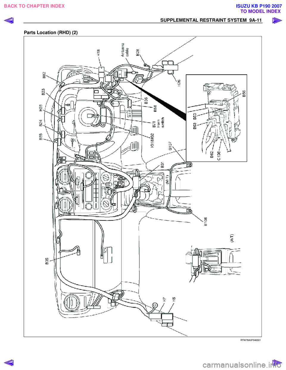 ISUZU KB P190 2007  Workshop Repair Manual SUPPLEMENTAL RESTRAINT SYSTEM  9A-11 
Parts Location (RHD) (2)  
 
 RTW 78AXF046501 
 
 
 
BACK TO CHAPTER INDEX TO MODEL INDEXISUZU KB P190 2007 