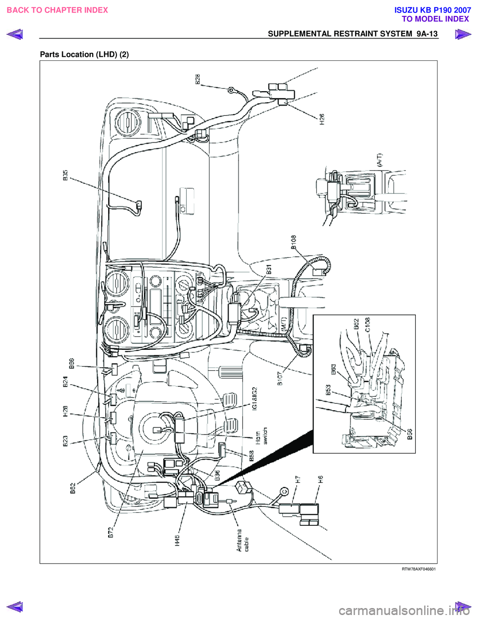ISUZU KB P190 2007  Workshop Repair Manual SUPPLEMENTAL RESTRAINT SYSTEM  9A-13 
Parts Location (LHD) (2)  
 
   
RTW 78AXF046601 
 
 
BACK TO CHAPTER INDEX
TO MODEL INDEXISUZU KB P190 2007 