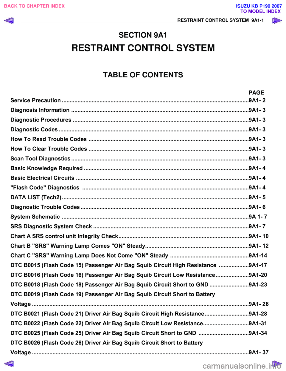 ISUZU KB P190 2007 Workshop Repair Manual RESTRAINT CONTROL SYSTEM 9A1-1
SECTION 9A1
RESTRAINT CONTROL SYSTEM
TABLE OF CONTENTS
PAGE
Service Precaution ................................................................................. ISUZU KB P190 2007 Workshop Repair Manual RESTRAINT CONTROL SYSTEM 9A1-1
SECTION 9A1
RESTRAINT CONTROL SYSTEM
TABLE OF CONTENTS
PAGE
Service Precaution .................................................................................