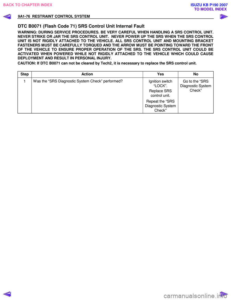 ISUZU KB P190 2007 Workshop Repair Manual 9A1-76 RESTRAINT CONTROL SYSTEM
DTC B0071 (Flash Code 71) SRS Control Unit Internal Fault
WARNING: DURING SERVICE PROCEDURES. BE VERY CAREFUL WHEN HANDLING A SRS CONTROL UNIT.
NEVER STRIKE OR ISUZU KB P190 2007 Workshop Repair Manual 9A1-76 RESTRAINT CONTROL SYSTEM
DTC B0071 (Flash Code 71) SRS Control Unit Internal Fault
WARNING: DURING SERVICE PROCEDURES. BE VERY CAREFUL WHEN HANDLING A SRS CONTROL UNIT.
NEVER STRIKE OR