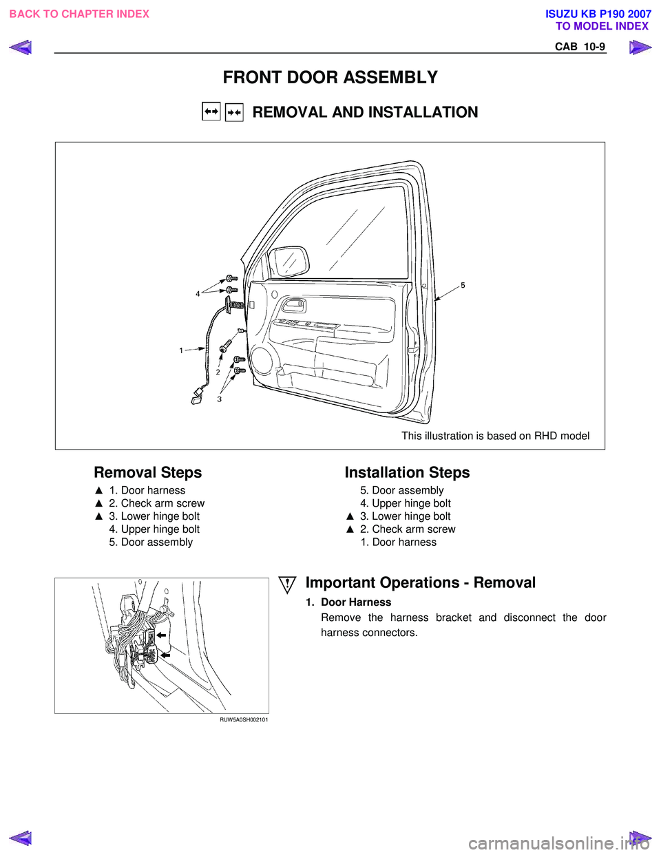 ISUZU KB P190 2007  Workshop Repair Manual CAB  10-9 
FRONT DOOR ASSEMBLY 
    REMOVAL AND INSTALLATION 
  
 
 
 
  This illustration is based on RHD model 
 
 
Removal Steps   
▲  1 . Door harness 
▲   2. Check arm screw 
▲   3. Lower h