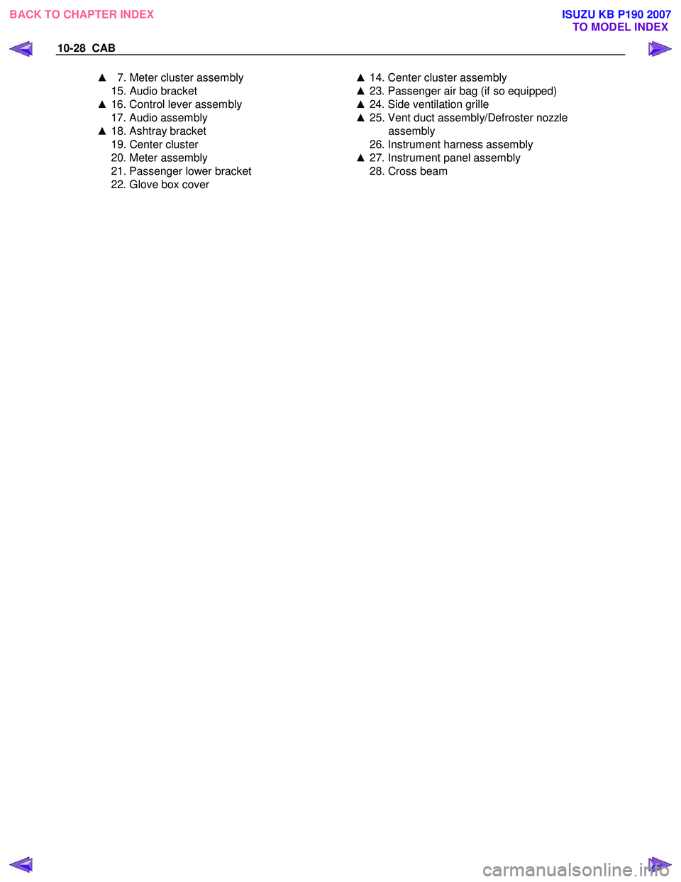 ISUZU KB P190 2007  Workshop User Guide 10-28  CAB 
▲  7. Meter cluster assembly  ▲ 14. Center cluster assembly 
  15. Audio bracket  
▲  16. Control lever assembly 
  17. Audio assembly 
▲  18. Ashtray bracket 
  19. Center cluster