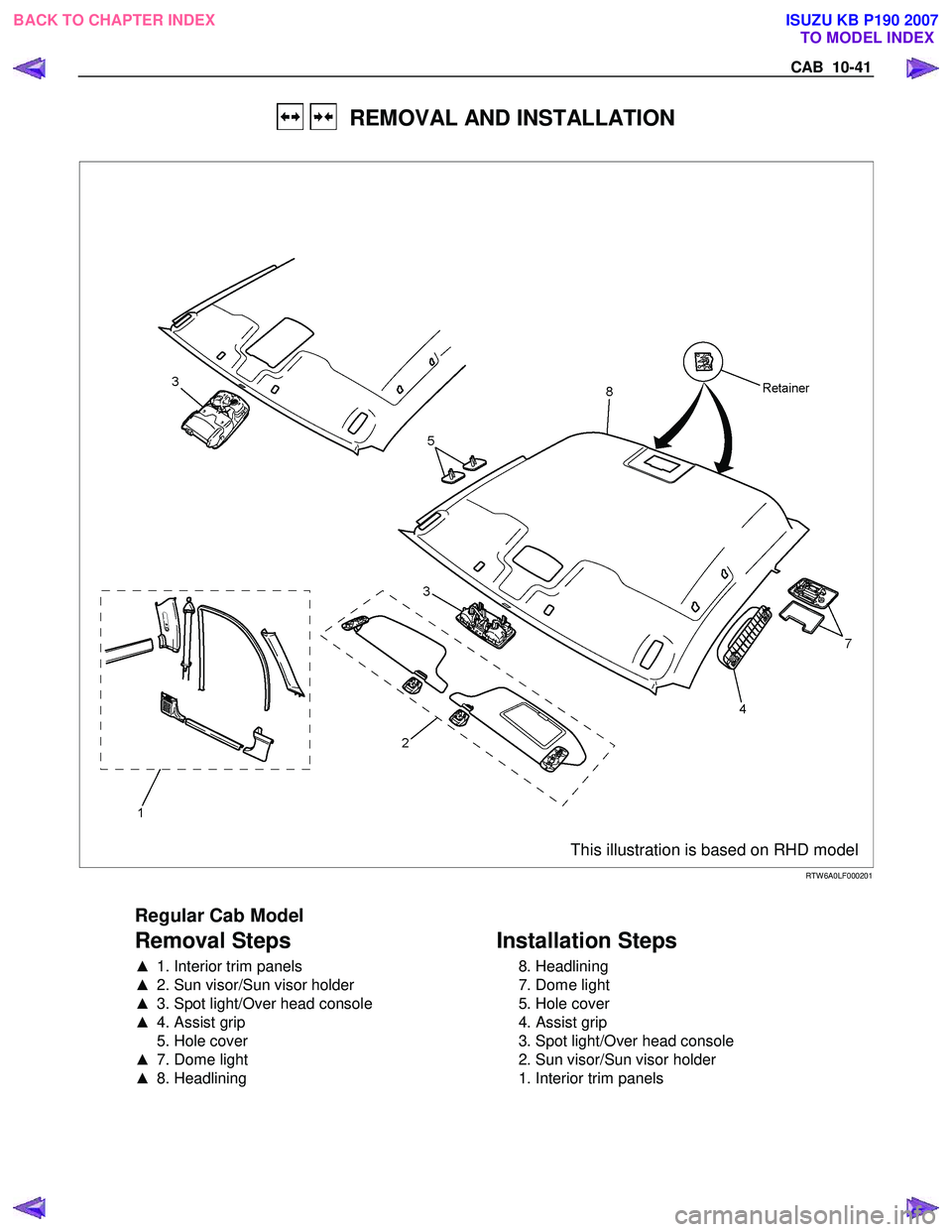 ISUZU KB P190 2007  Workshop Repair Manual CAB  10-41 
   REMOVAL AND INSTALLATION 
 
  
 
 
This illustration is based on RHD model
 RTW 6A0LF000201 
 
Regular Cab Model 
Removal Steps   
▲   1. Interior trim panels 
▲   2. Sun visor/Sun 
