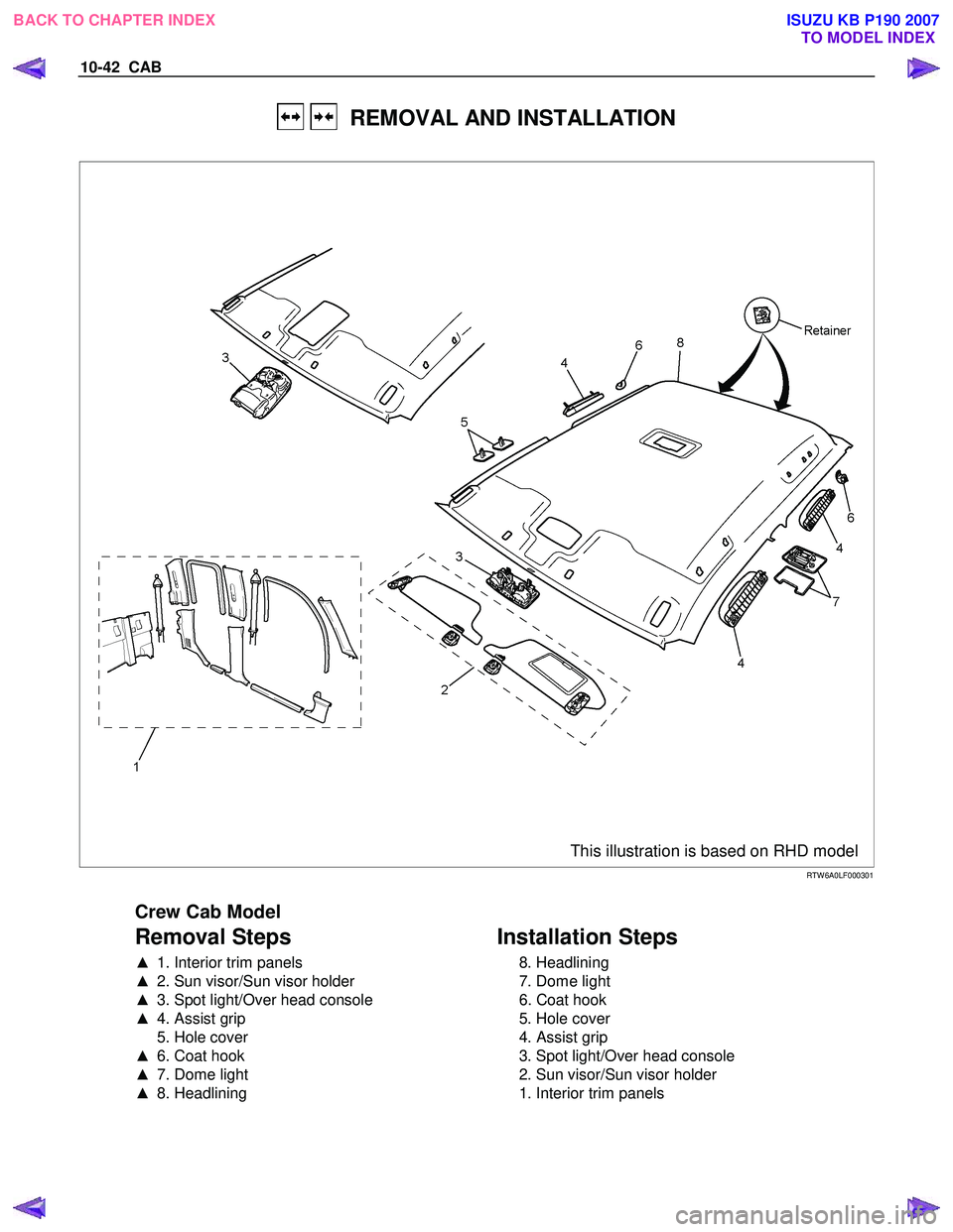 ISUZU KB P190 2007  Workshop Repair Manual 10-42  CAB 
   REMOVAL AND INSTALLATION 
 
  
 
 
 
 
This illustration is based on RHD model
RTW 6A0LF000301 
 
Crew Cab Model 
Removal Steps   
▲   1. Interior trim panels 
▲   2. Sun visor/Sun 