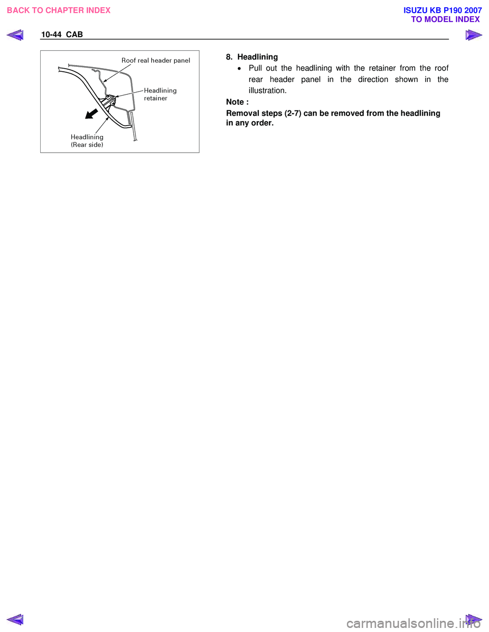 ISUZU KB P190 2007  Workshop Repair Manual 10-44  CAB 
 8. Headlining 
•  Pull out the headlining with the retainer from the roo
f 
rear header panel in the direction shown in the 
illustration. 
Note : 
Removal steps (2-7) can be removed fr