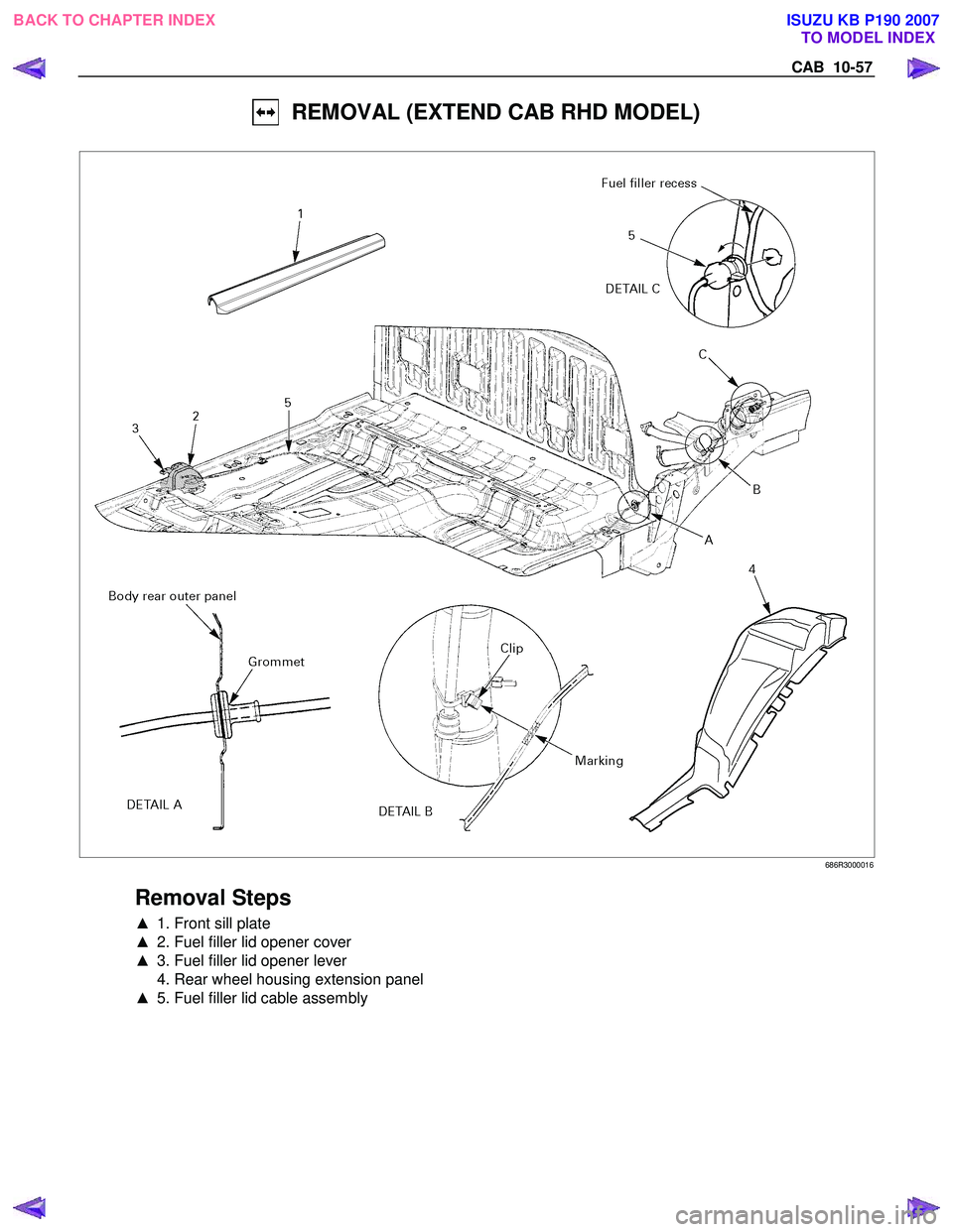 ISUZU KB P190 2007  Workshop Repair Manual CAB  10-57 
  REMOVAL (EXTEND CAB RHD MODEL) 
 
 686R3000016 
 
Removal Steps 
▲  1. Front sill plate  
▲   2. Fuel filler lid opener cover  
▲   3. Fuel filler lid opener lever  
  4. Rear whee