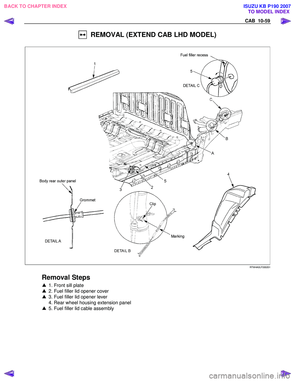 ISUZU KB P190 2007  Workshop Repair Manual CAB  10-59 
  REMOVAL (EXTEND CAB LHD MODEL) 
  
 
 
 
 
RTW 4A0LF000201 
 
Removal Steps 
▲  1. Front sill plate  
▲   2. Fuel filler lid opener cover  
▲   3. Fuel filler lid opener lever  
  