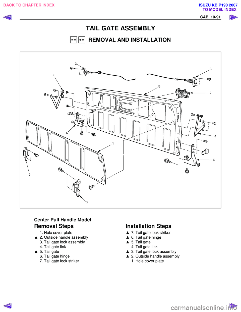 ISUZU KB P190 2007  Workshop Repair Manual CAB  10-91 
TAIL GATE ASSEMBLY 
   REMOVAL AND INSTALLATION 
 
 
  
 
Center Pull Handle Model 
Removal Steps 
  1. Hole cover plate  
▲   2. Outside handle assembly 
  3. Tail gate lock assembly 
 