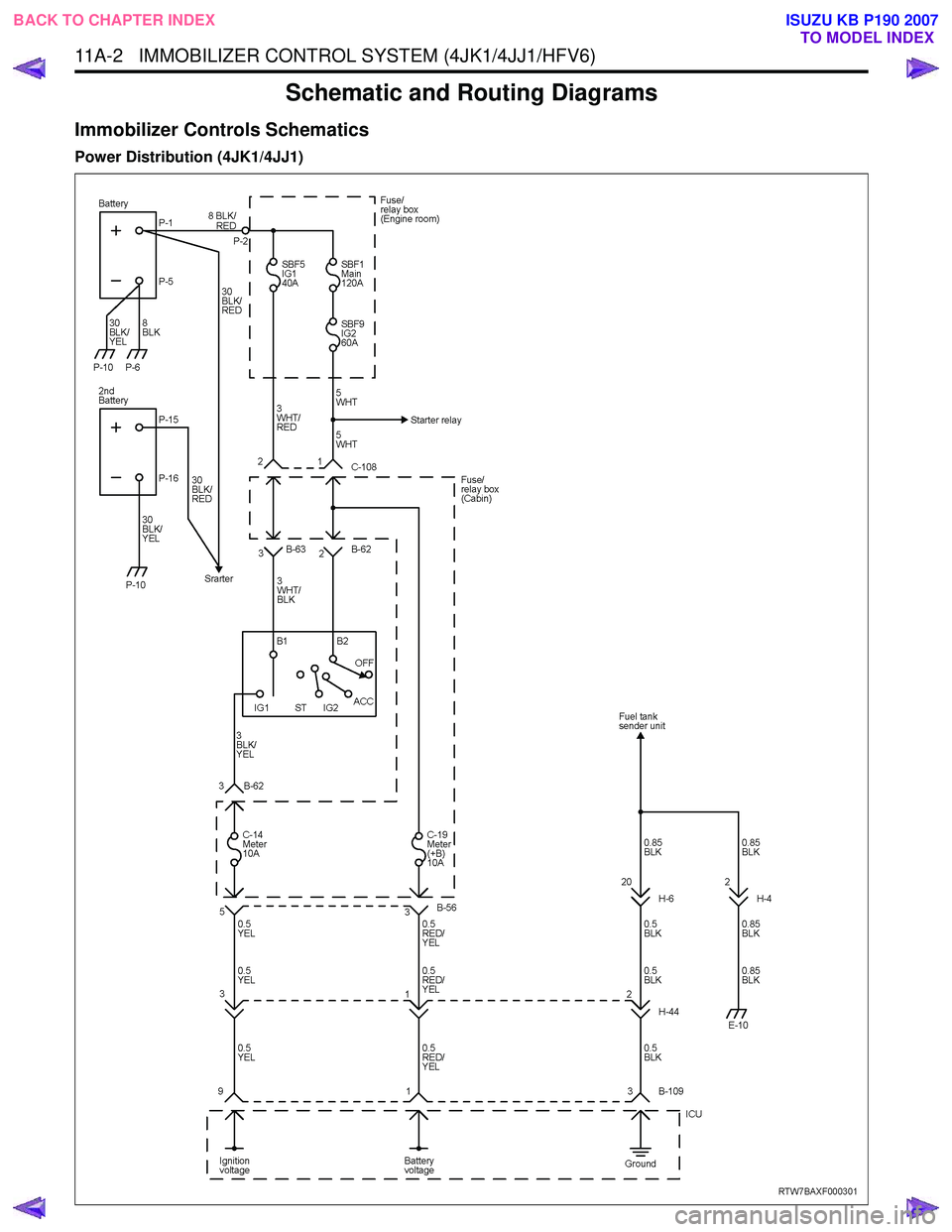 ISUZU KB P190 2007 Workshop Repair Manual 11A-2 IMMOBILIZER CONTROL SYSTEM (4JK1/4JJ1/HFV6)
Schematic and Routing Diagrams
Immobilizer Controls Schematics
Power Distribution (4JK1/4JJ1)
BACK TO CHAPTER INDEXTO MODEL INDEX
ISUZU KB P190 20 ISUZU KB P190 2007 Workshop Repair Manual 11A-2 IMMOBILIZER CONTROL SYSTEM (4JK1/4JJ1/HFV6)
Schematic and Routing Diagrams
Immobilizer Controls Schematics
Power Distribution (4JK1/4JJ1)
BACK TO CHAPTER INDEXTO MODEL INDEX
ISUZU KB P190 20