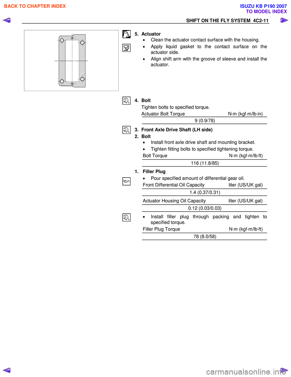 ISUZU KB P190 2007  Workshop Repair Manual SHIFT ON THE FLY SYSTEM  4C2-11 
   
 
 
 
 
 
5. Actuator  •  Clean the actuator contact surface with the housing.  
•  
Apply liquid gasket to the contact surface on the 
actuator side. 
•   A