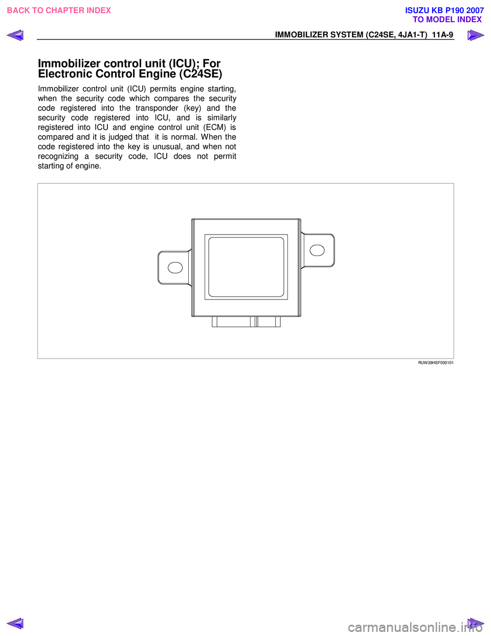 ISUZU KB P190 2007  Workshop Repair Manual IMMOBILIZER SYSTEM (C24SE, 4JA1-T)  11A-9 
Immobilizer control unit (ICU); For  
Electronic Control Engine (C24SE)  
Immobilizer control unit (ICU) permits engine starting, 
when the security code whi
