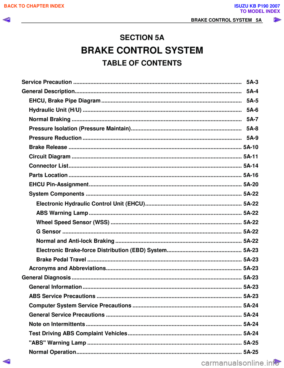 ISUZU KB P190 2007  Workshop Repair Manual BRAKE  CON TROL  SY STE M    5 A 
 
 
EHCU, Brake Pipe Diagram ..........................................................................................   5A-5  
Hydraulic Unit (H/U) ................